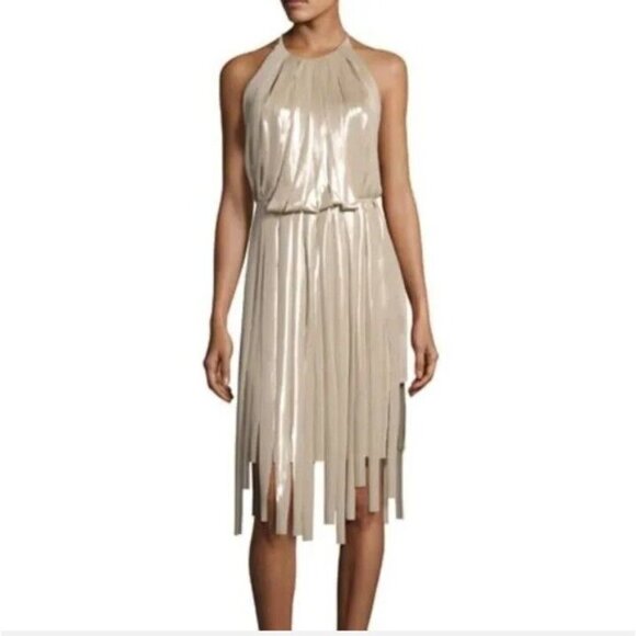 Halston Heritage Halter Dress Womens XS Gold Metallic Fringe Strips Cocktail NWT - Picture 2 of 12